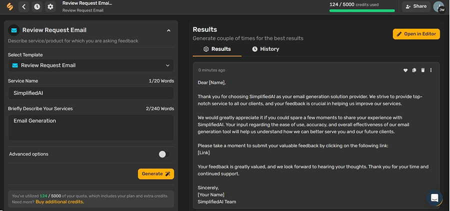 A screenshot of Simplified's email generation tool.