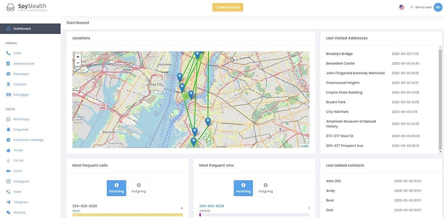 A screenshot of SpyStealth's dashboard after setting up an account.