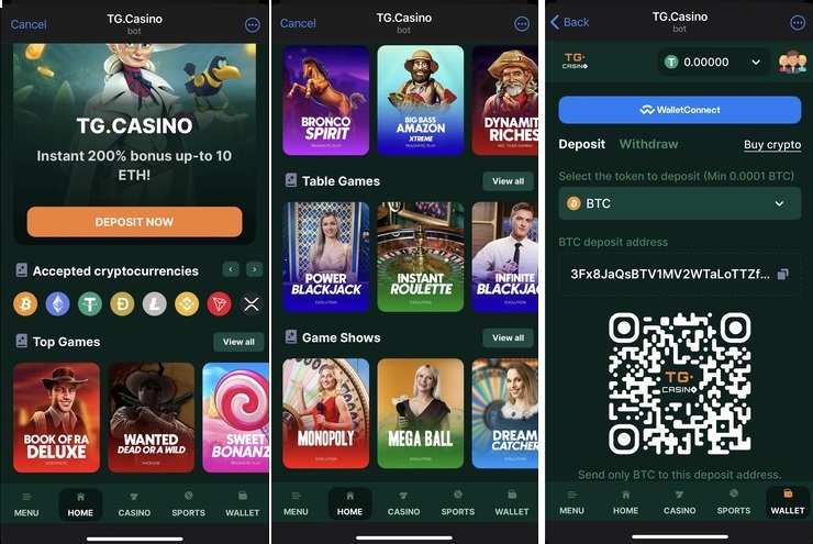 TG.Casino mobile screenshots.