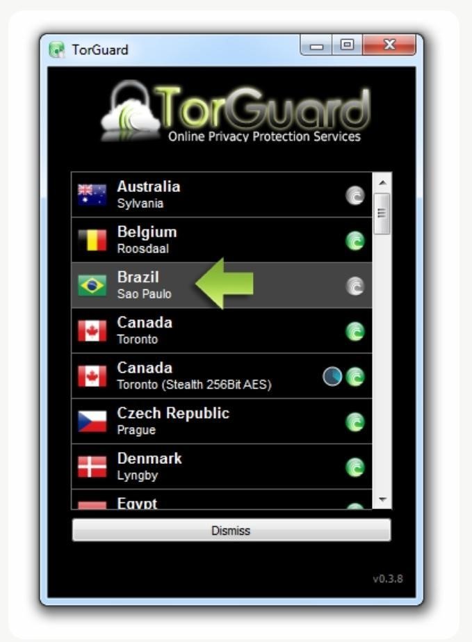 List of servers to choose on TorGuard