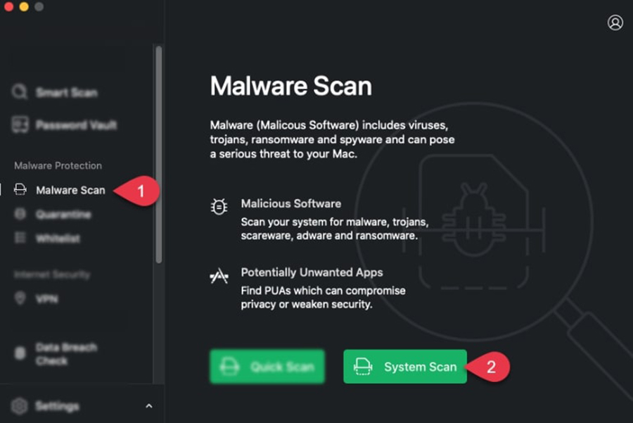An image showing how to run a malware scan on TotalAV.
