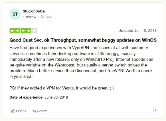 Trustpilot review of VyprVPN