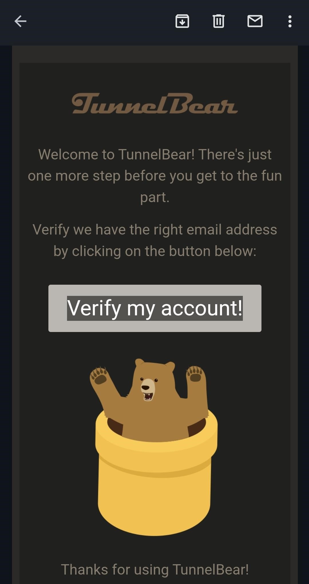 Confirmation email to verify email on TunnelBear