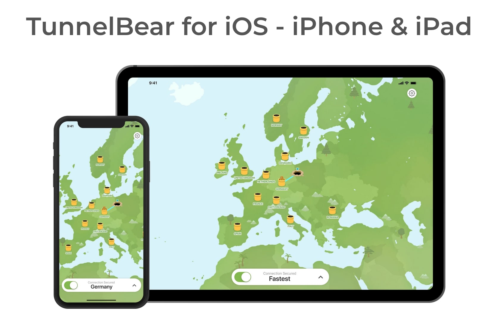 TunnelBear on an iPhone and iPad screen
