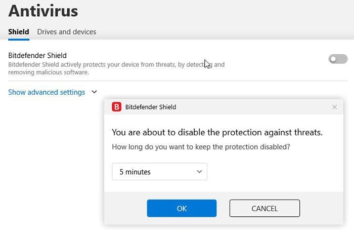 Screenshot showing how to turn off Bitdefender.