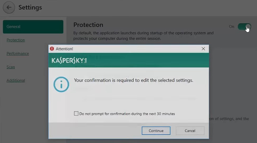 Screenshot showing how to turn off Kaspersky.