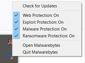 Screenshot showing how to turn off Malwarebytes Antivirus Software.