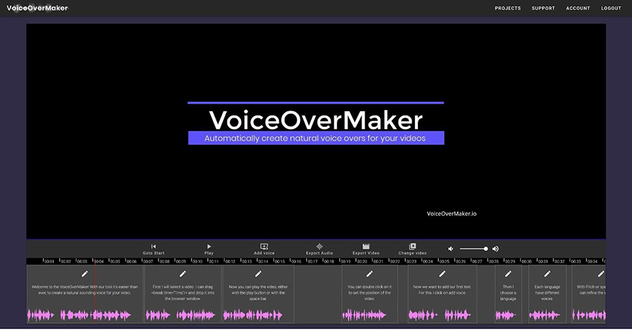 A screenshot of VoiceOverMaker's text to speech editor.