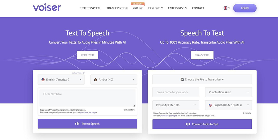 A screenshot of Voiser's home page showcasing its text to speech tool.