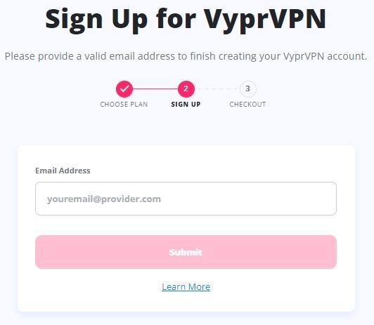 Sign-up screen for VyprVPN