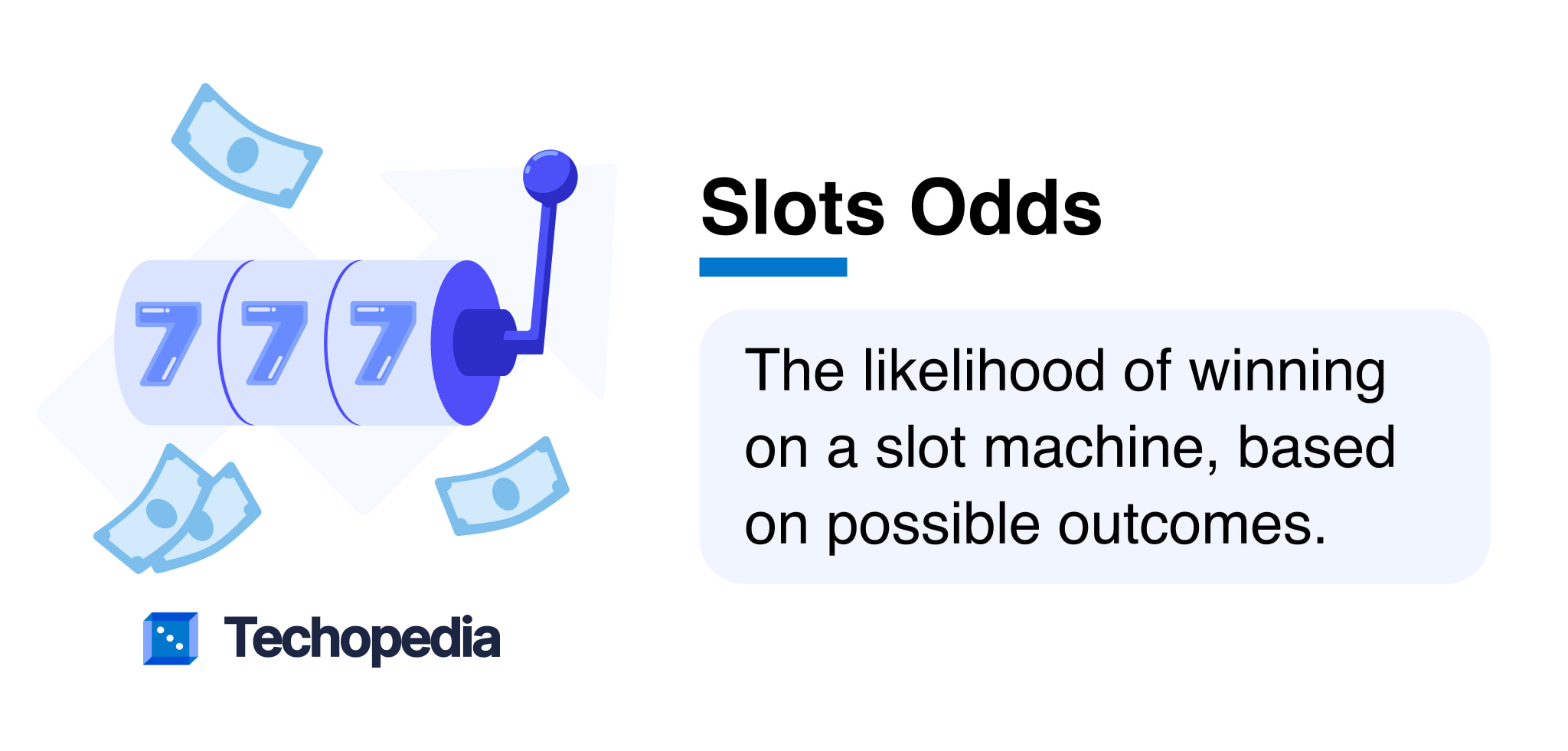 Illustration of a slot machine with three sevens and scattered money. Text reads: "Slots Odds: The likelihood of winning on a slot machine, based on possible outcomes." 