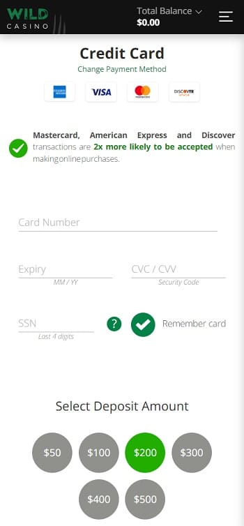 Wild Casino Mobile Credit Card Deposit