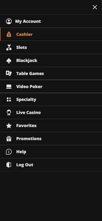 Wild Casino Mobile Menu
