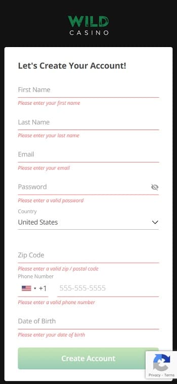 Wild Casino Mobile Registration Form