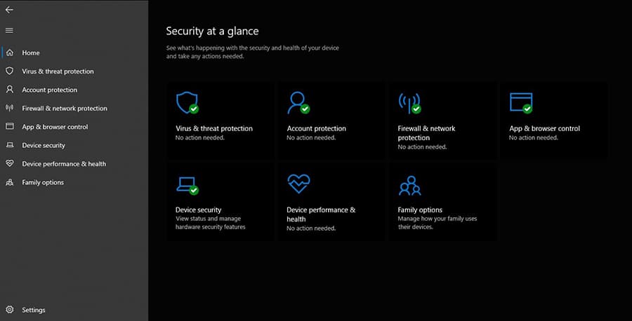 A screenshot of Windows Defender's home page.
