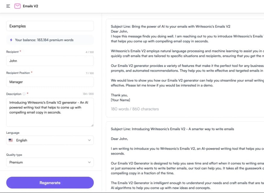 A screenshot of Writesonic's email generation tool.