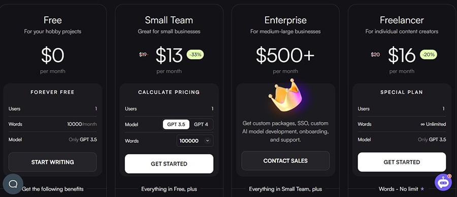 A screenshot of Writesonic's pricing plans.
