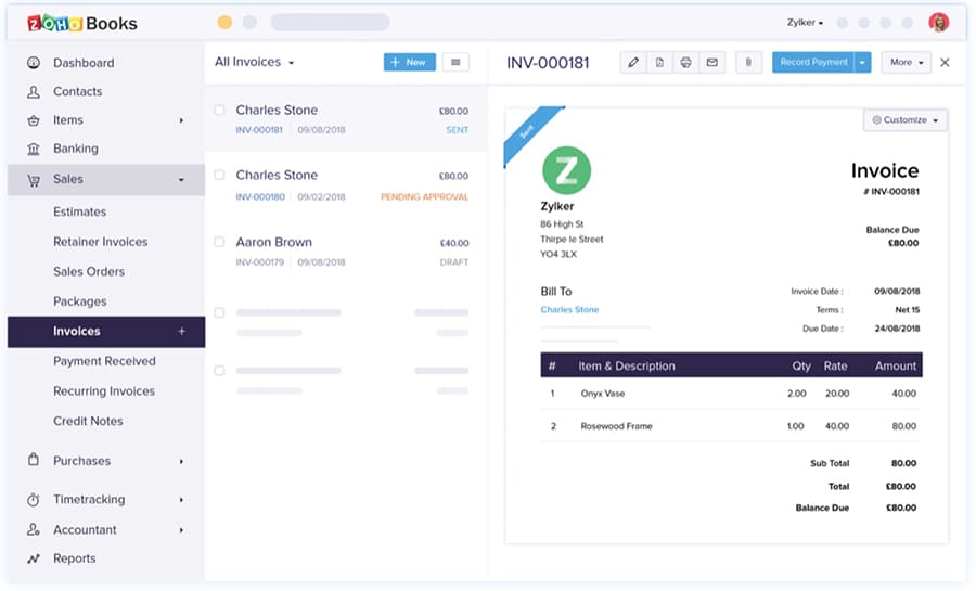 A screenshot of an invoice on Zoho Accounting.