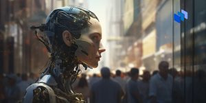 A robot android surveys a crowd