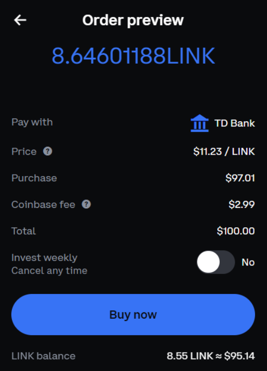 coinbase order preview chainlink