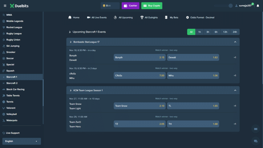Duelbits sportsbook Starcraft betting page