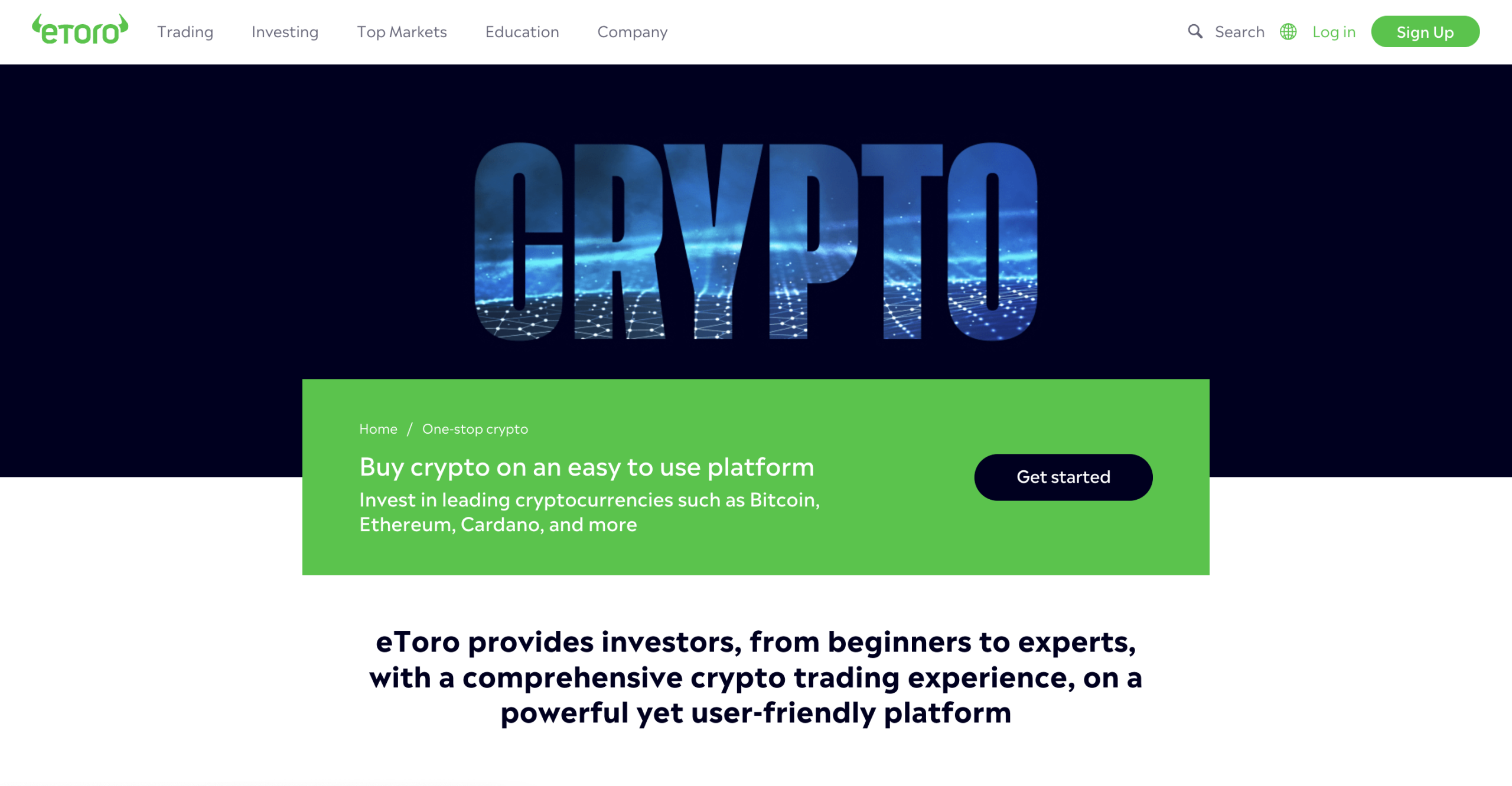Crypto trading homepage on eToro