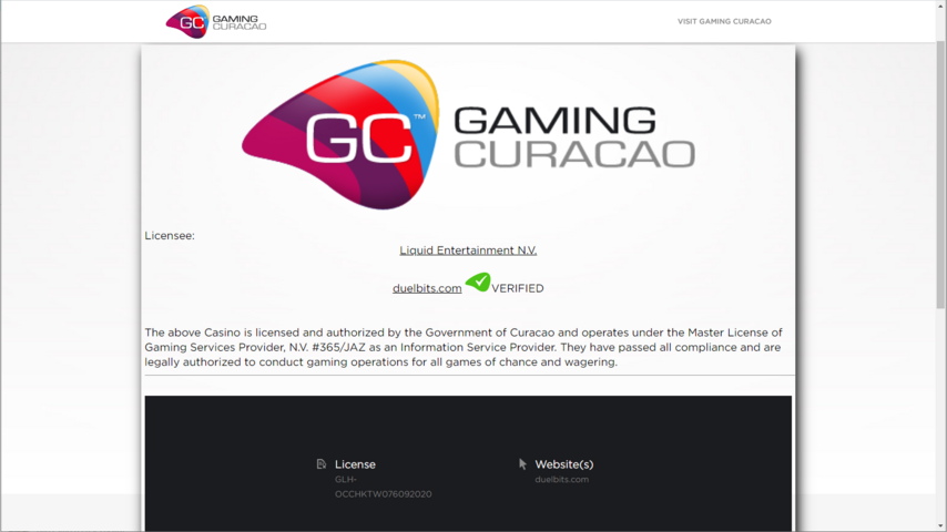 Duelbits casino Curacao gaming license