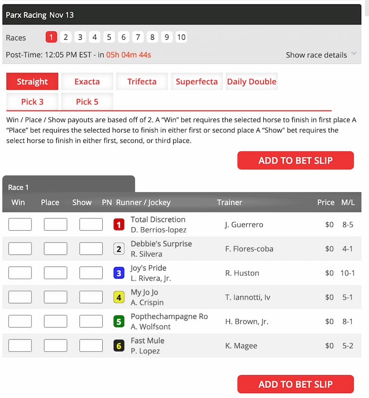 horse racing straight bet example