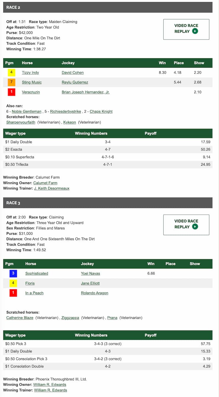 Race results display for a horse racing event, including details on horses, jockeys, wagers, and payouts for Races 2 and 3.