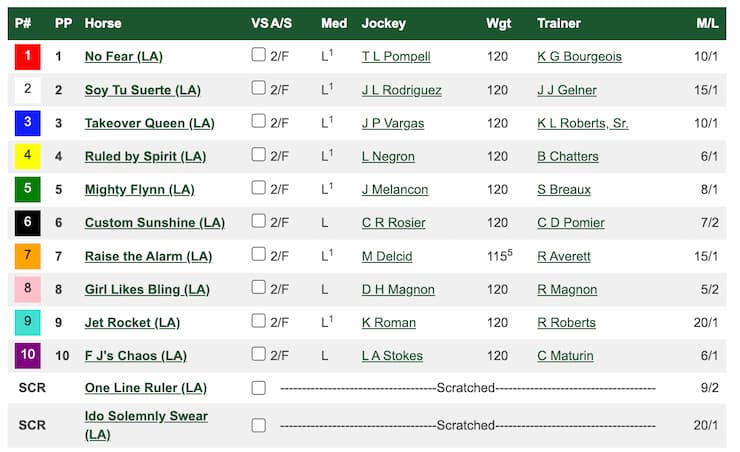 A horse race entry list featuring horses, jockeys, trainers, and odds, including scratched entries and weight details.