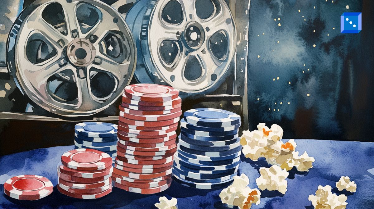 Watercolor painting of a casino and cinema crossover scene featuring stacks of red and blue poker chips on a deep blue table. Scattered popcorn pieces add a cinematic feel, while classic film reels in the background create a nostalgic atmosphere. A dark starry backdrop enhances the mood of high-stakes gambling and entertainment.