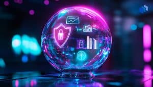A futuristic glass crystal ball filled with holographic reflections symbolizing different AI-driven fields