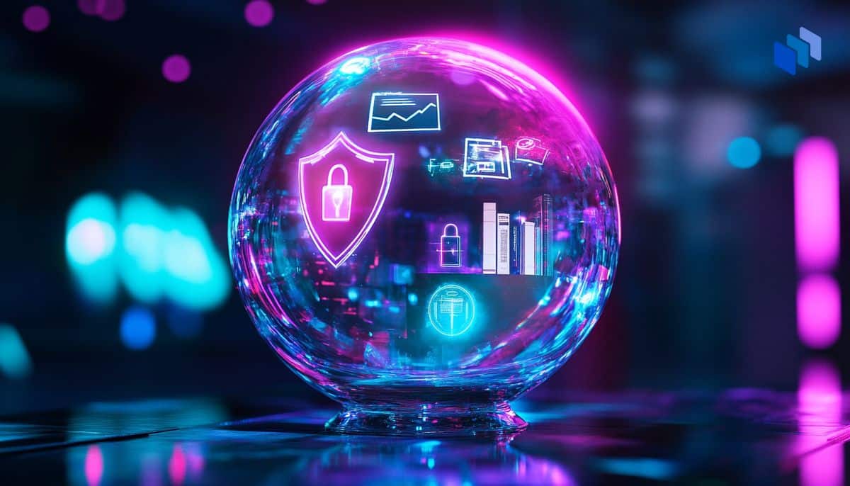 A futuristic glass crystal ball filled with holographic reflections symbolizing different AI-driven fields