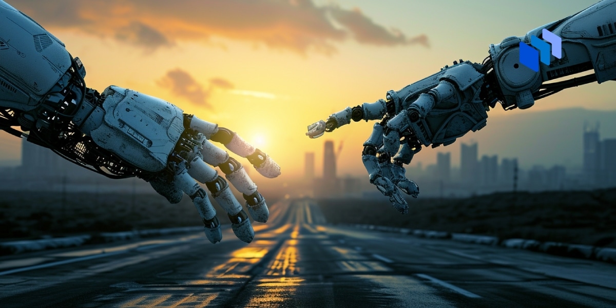 Two AI androids touching hands