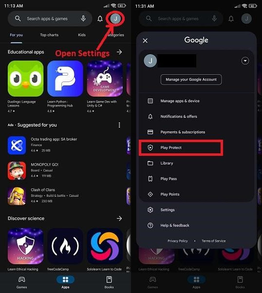 Open Google Play Store and Select Play Protect