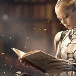 An android reading a book
