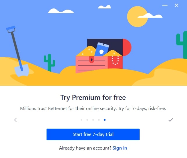 Sign up for the 7-day free trial screen on Betternet