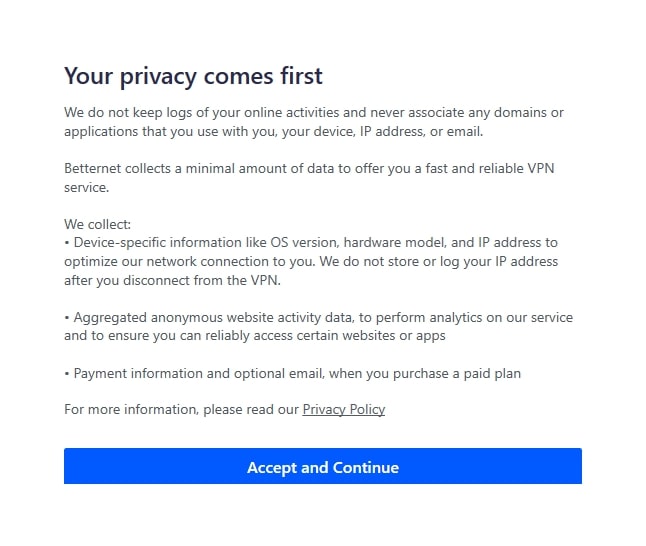 The privacy policy on Betternet VPN
