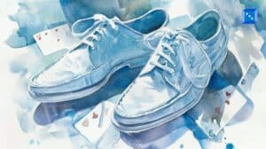 Watercolor-style illustration of a pair of white leather shoes with playing cards scattered around them.