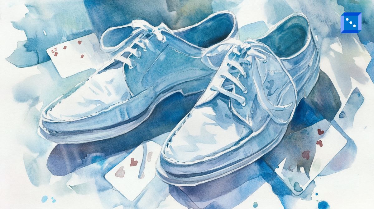 Watercolor-style illustration of a pair of white leather shoes with playing cards scattered around them.