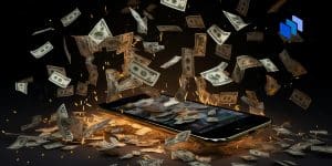Money floating down over a smartphone