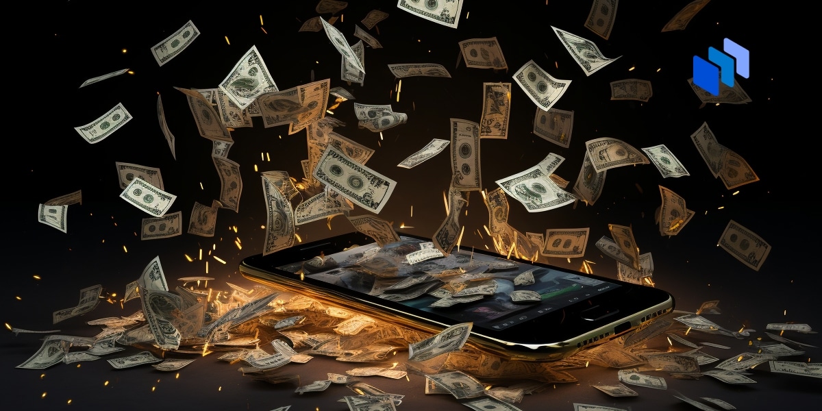 Money floating down over a smartphone
