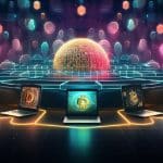 Laptops surrounding a blockchain