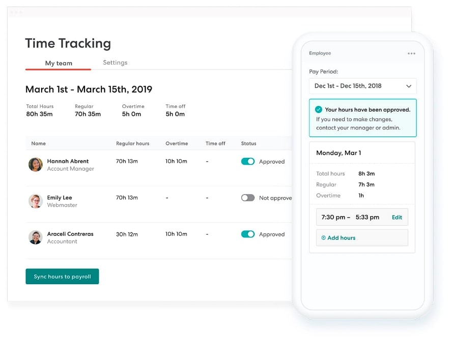 Gusto's time tracking feature