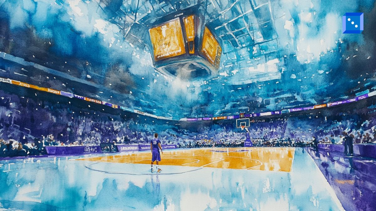 A vibrant watercolor-style painting of a packed basketball arena, illuminated by bright overhead lights. A lone player in a purple jersey stands near the center of the polished court, with a large digital scoreboard hanging above. The scene captures the energy and anticipation of a high-stakes game.