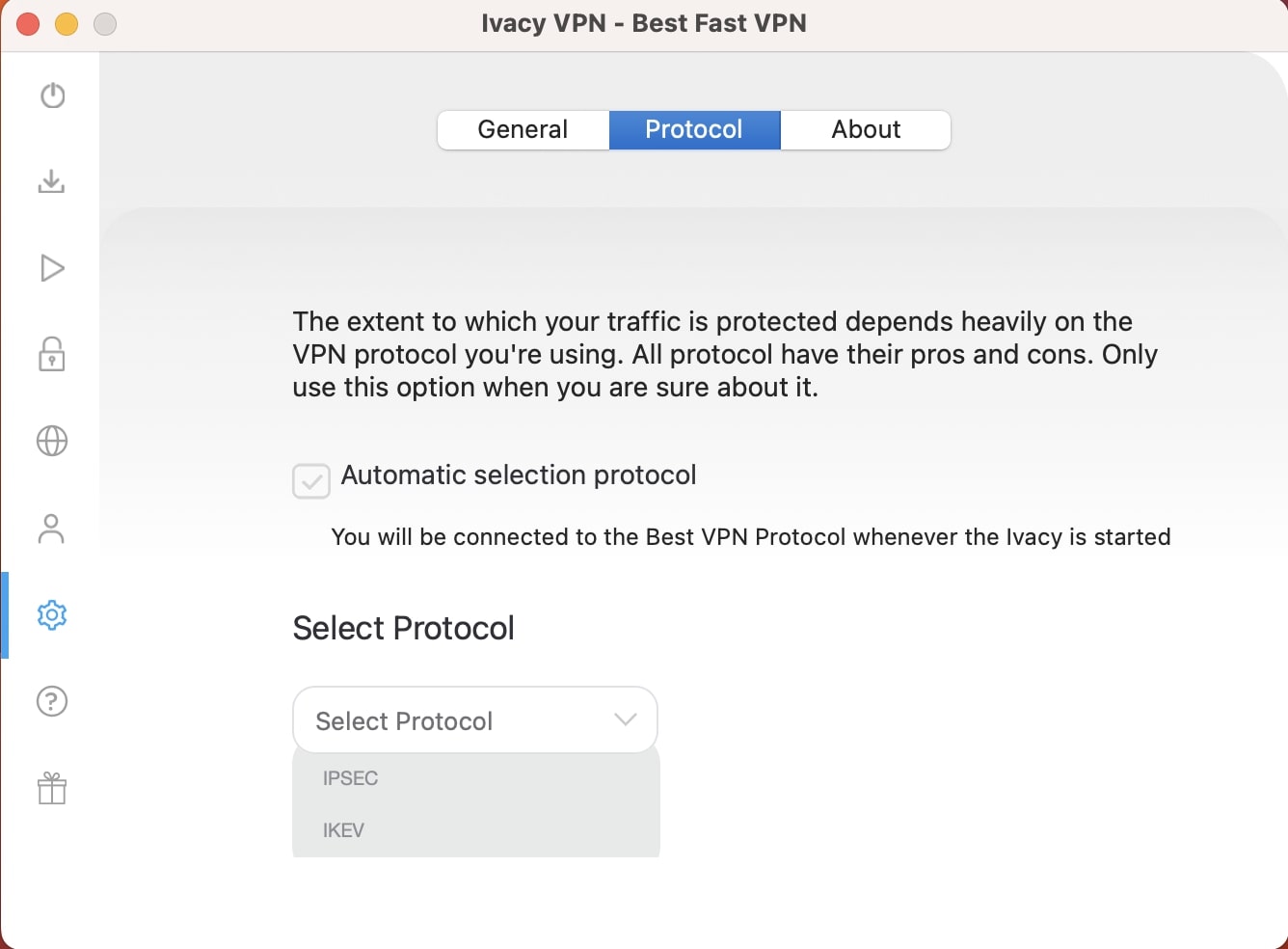 Protocol selection screen for Ivacy VPN