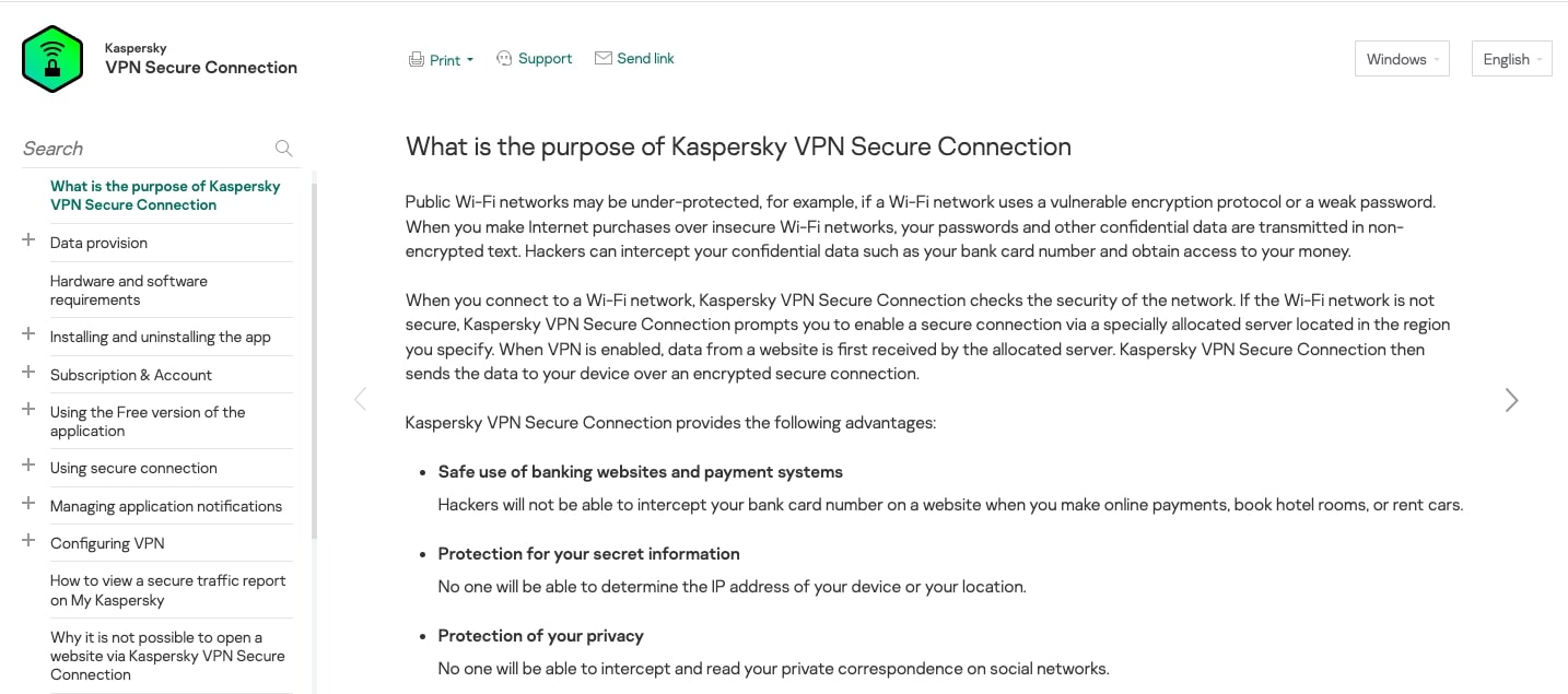 Kaspersky VPN's customer support