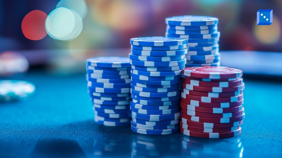 Stacks of blue and red casino chips on a felt poker table, illuminated by vibrant lights in the background. The blurred bokeh effect adds to the high-stakes gambling atmosphere.