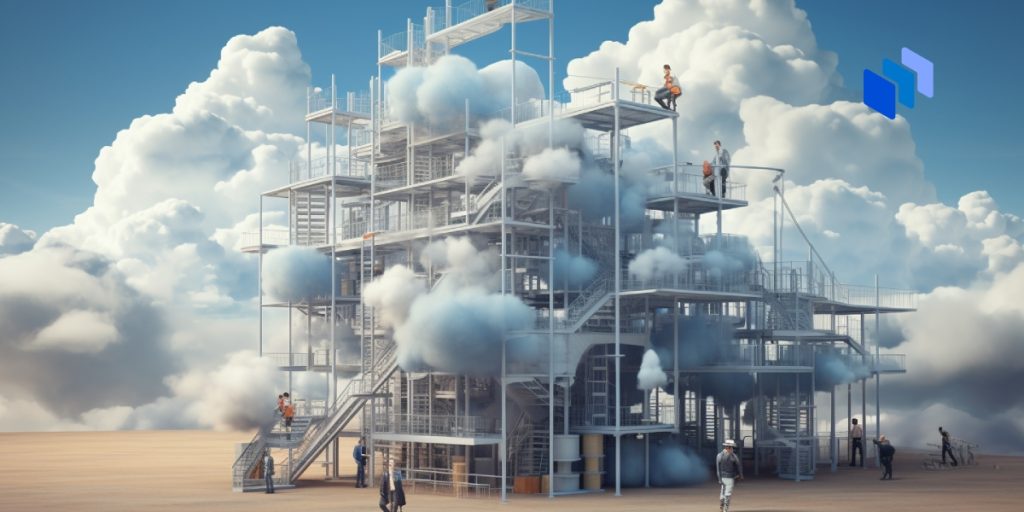 Humans building a cloud with scaffolding