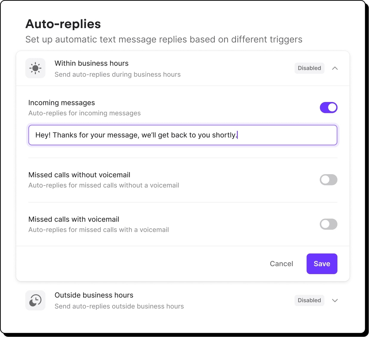 OpenPhone auto-reply feature